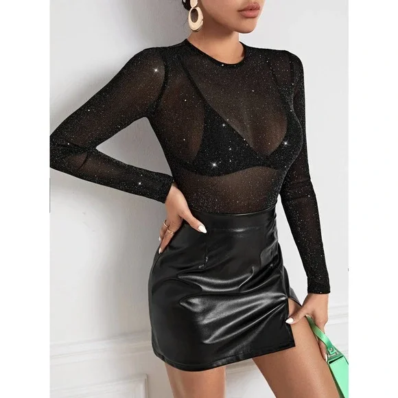 Long sleeve Glitter Sheer Mesh Top Without Bra black - Picture 5 of 5
